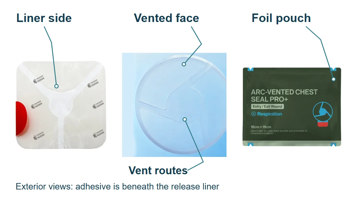 Original Rusun chest seal liner-side and vented-face examples beside a sealed foil pouch, with visible parts identified